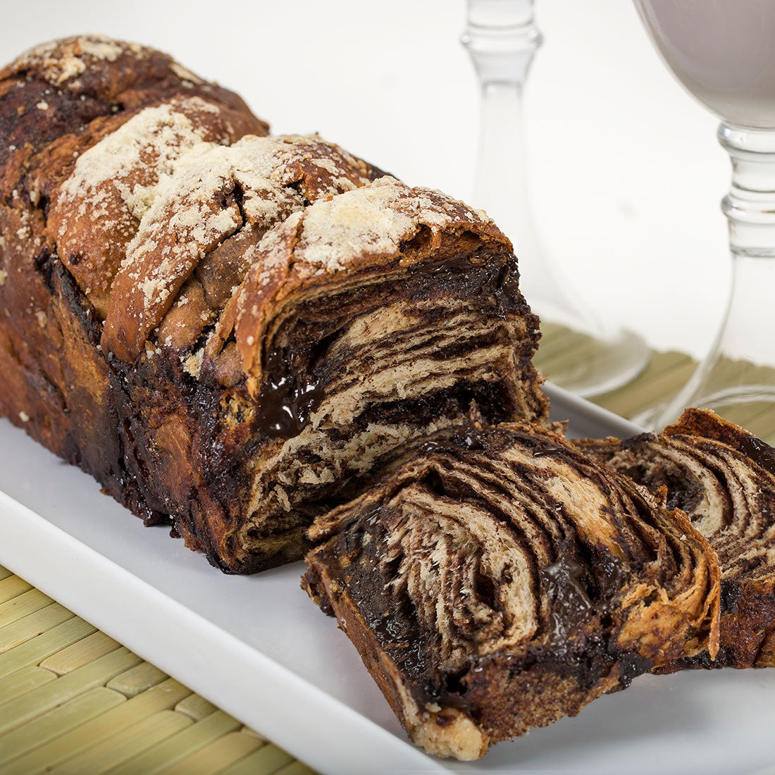 Green's Chocolate Babka sliced on a plate